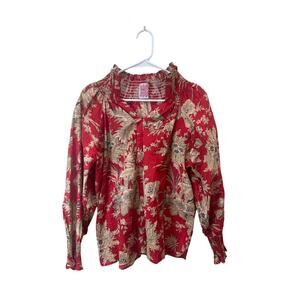 Mod's Mahal Red Cotton Longsleeve Ruffle Neck Blouse Red Fits S No Tag